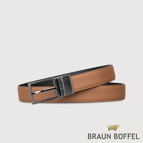 BRAUN BUFFEL 德國小金牛 台灣總代理 商務型 方頭十字刻印穿針式皮帶-鎗色/BF24B-WEG04740-SGU