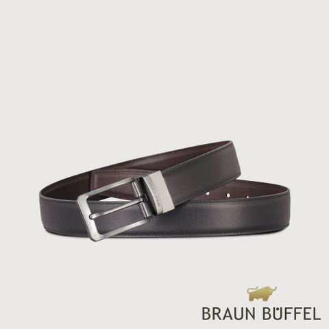 BRAUN BUFFEL 德國小金牛 台灣總代理 商務型 簡約造型穿針式皮帶-銀色/BF24S-RO227T-SNK