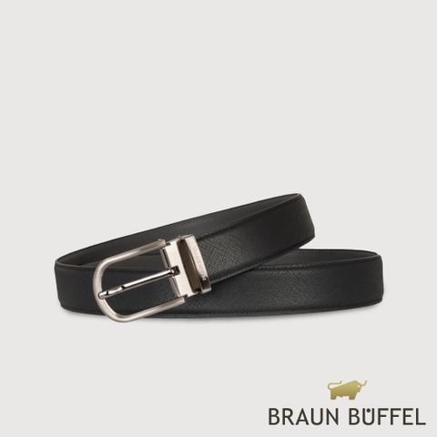 【BRAUN BUFFEL 德國小金牛】台灣總代理 商務型 雅緻男仕圓頭穿針式皮帶-鎗色/BF24B-JF002-SGU