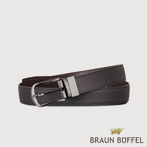 【BRAUN BUFFEL 德國小金牛】台灣總代理 商務型 圓頭壓印穿針式皮帶-鎗色/BF24S-RO228T-SGU