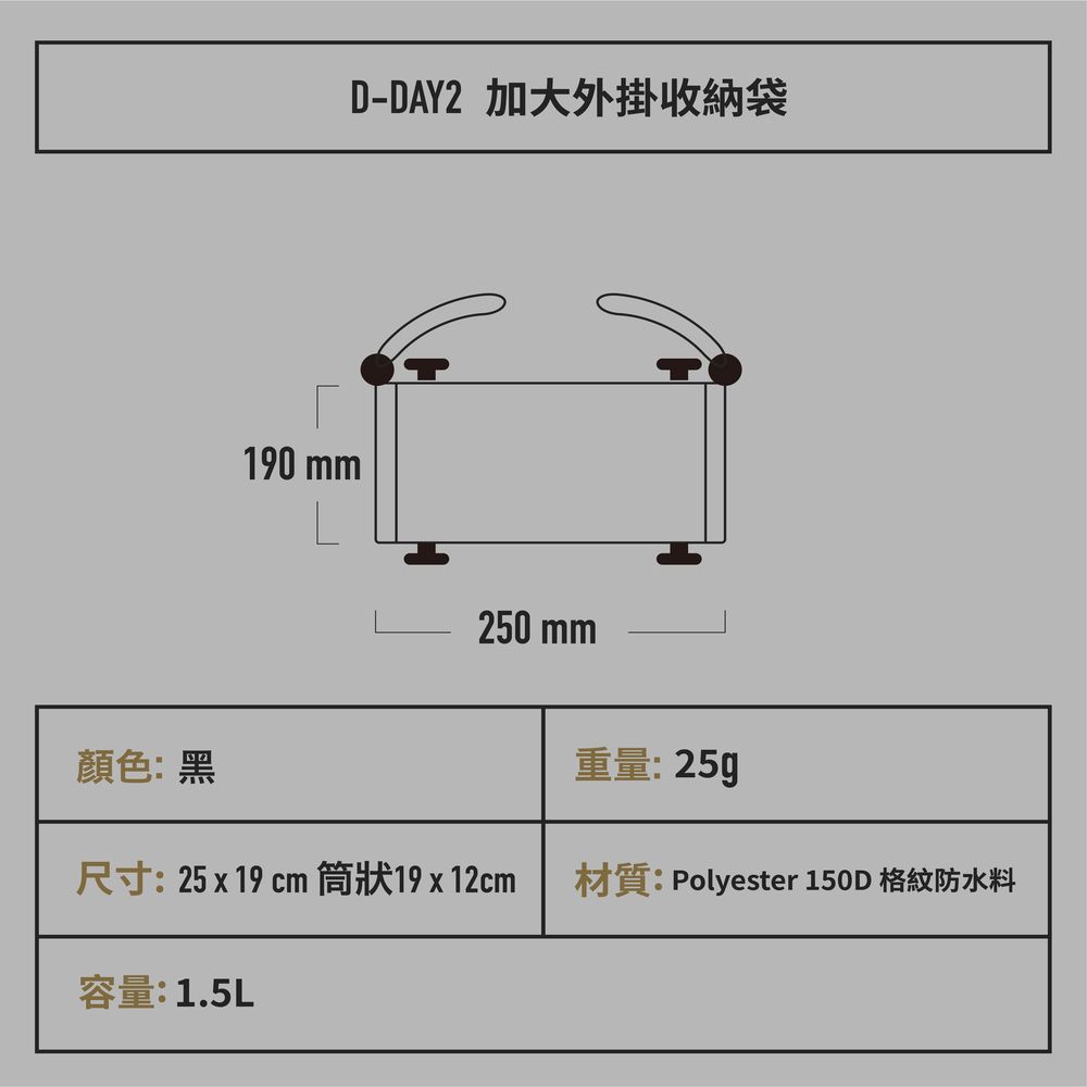 190 mmD-DAY2 加大外掛收納袋250 mm顏色:黑重量:尺寸:25x19cm筒狀19x12cm材質:Polyester 150D 格紋防水料容量:1.5L