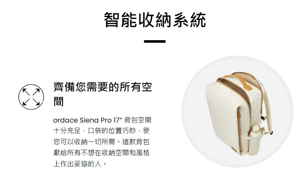 智能收納系統齊備您需要的所有空間ordace Siena Pro 17 背包空間十分充足,口袋的位置巧妙,使您可以收納一切所需。這款背包獻給所有不想在收納空間和風格上作出妥協的人。