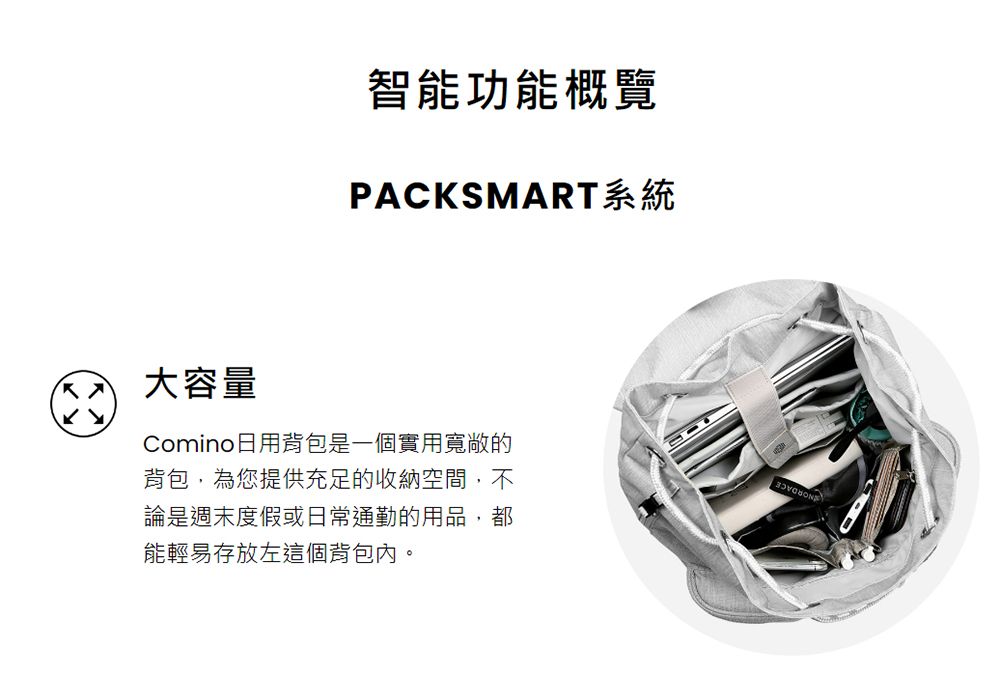 智能功能概覽PACKSMART系統大容量Comino日用背包是一個實用寬敞的背包,為您提供充足的收納空間,不論是週末度假或日常通勤的用品,都能輕易存放左這個背包內。