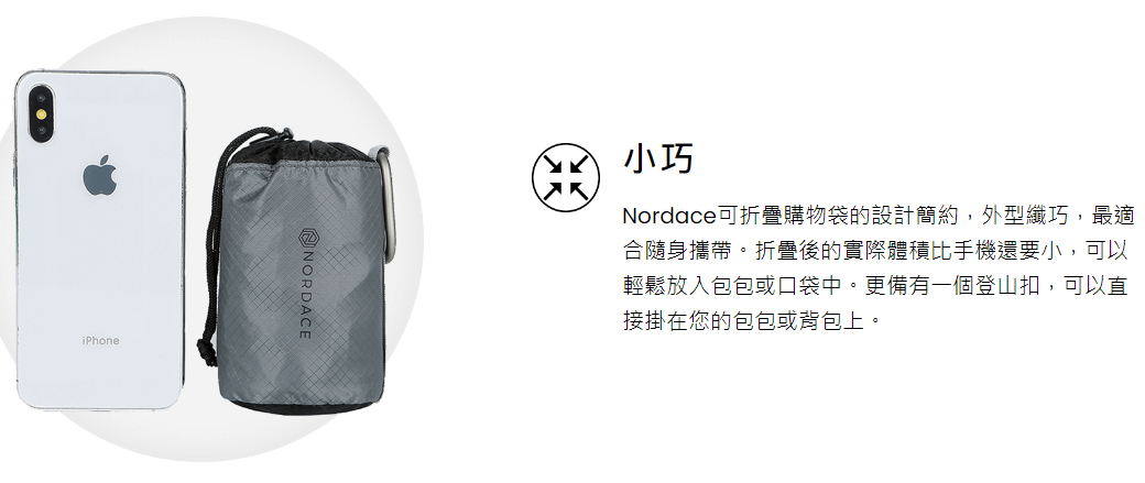 iPhoneNORDACE小巧Nordace可折疊購物袋的設計簡約,外型纖巧,最適合隨身攜帶。折疊後的實際體積比手機還要小,可以輕鬆放入包包或口袋中。更備有一個登山扣,可以直接掛在您的包包或背包上。