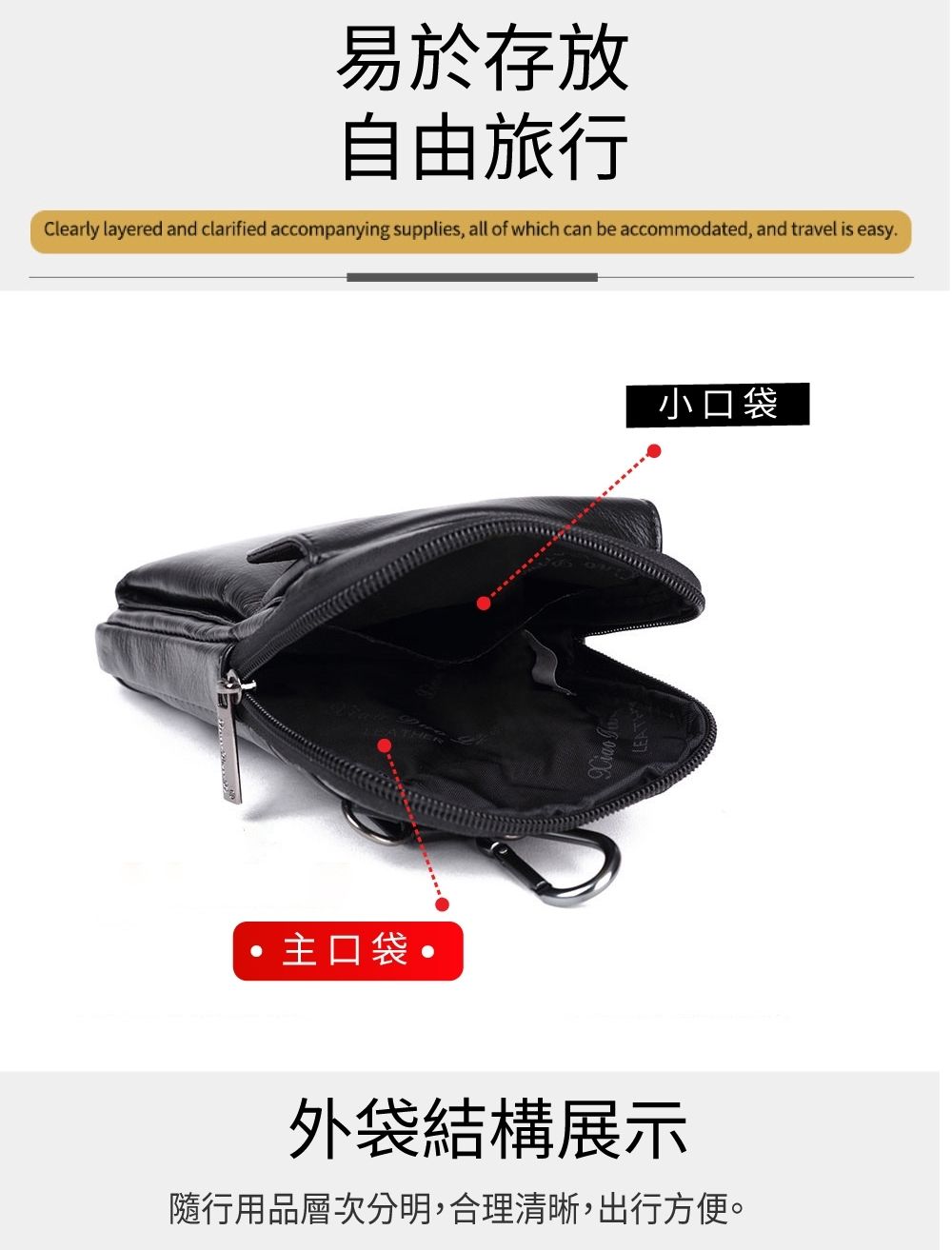 易於存放自由旅行Clearly layered and clarified accompanying supplies, all of which can be accommodated, and travel is easy主口袋 外袋結構展示隨行用品層次分明,合理清晰,出行方便。小口袋