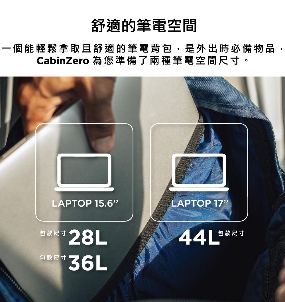 舒適的筆電空間一個能輕鬆拿取且舒適的筆電背包,是外出時必備物品,CabinZero 為您準備了兩種筆電空間尺寸。LAPTOP 15.6LAPTOP 17包款尺寸包款尺寸28L44L®包款尺寸36L