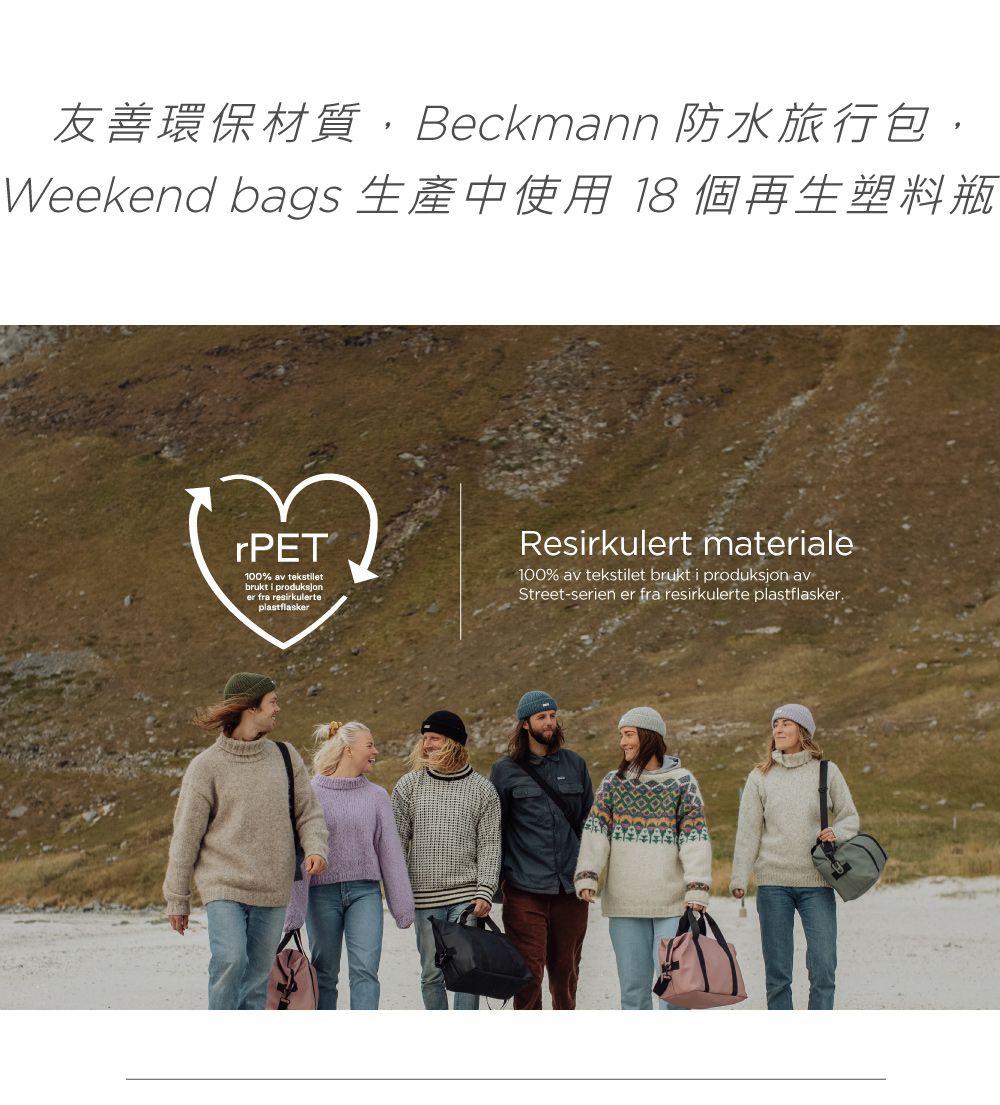 友善環保材質,Beckmann 防水旅行包,Weekend bags 生產中使用 18 個再生塑料瓶rPET100% av tekstiletbrukt i produksjoner  plastflaskerResirkulert materiale100% av tekstilet brukti produksion av-Street-serien er fra resirkulerte plastflasker