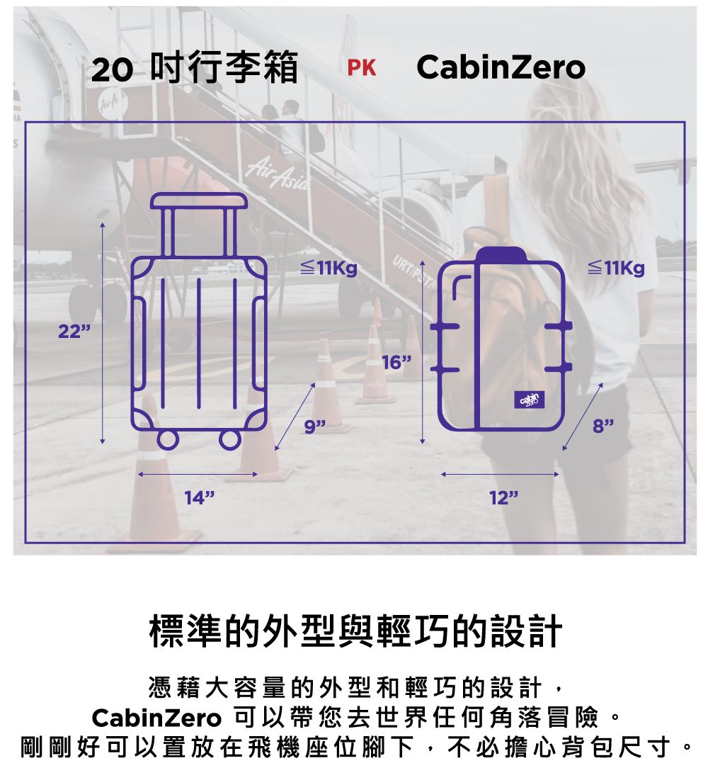 2220行李箱 14 PK CabinZero≦9 T1612≦11Kg 標準的外型與輕巧的設計憑藉大容量的外型和輕巧的設計CabinZero 可以帶您去世界任何角落冒險。剛剛好可以置放在飛機座位腳下,不必擔心背包尺寸。