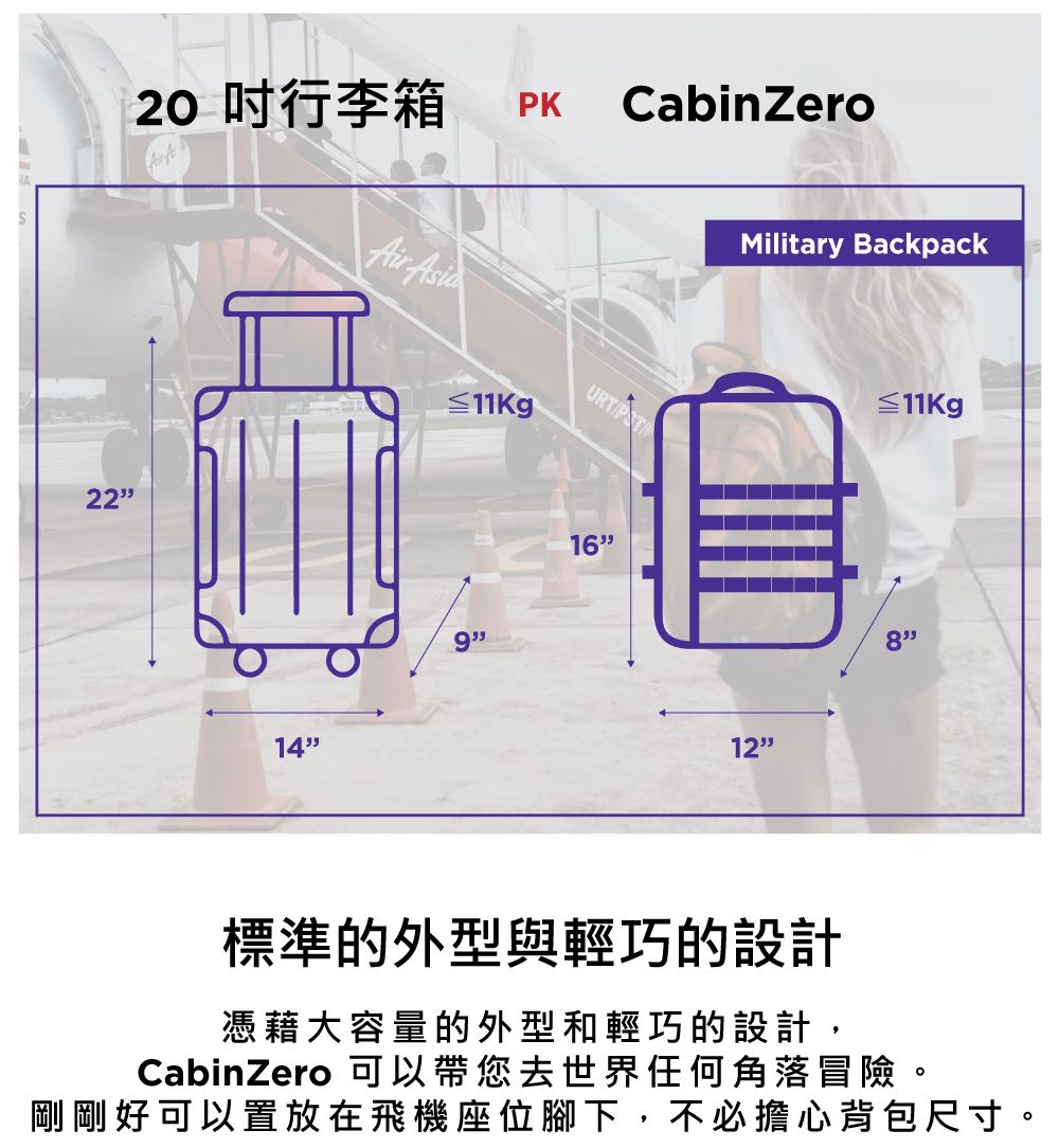 20行李箱PK CabinZeroAir A14Air ≦  16Military Backack12≦ p標準的外型與輕巧的設計憑藉大容量的外型和輕巧的設計,CabinZero 可以帶您去世界任何角落冒險。剛剛好可以置放在飛機座位腳下,不必擔心背包尺寸。