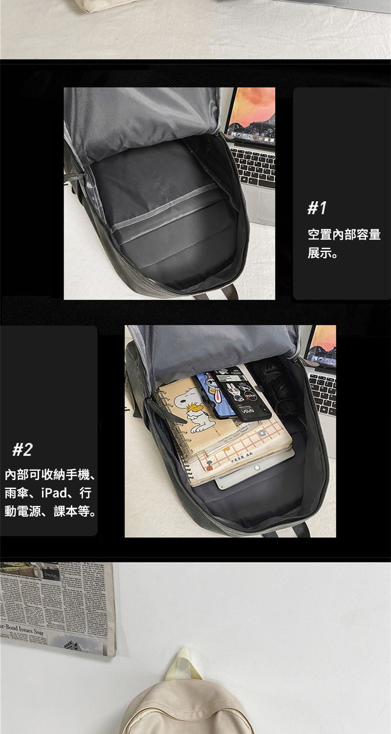 #2內部可收納手機、雨傘、iPad、行動電源、課本等。Bond Issues Soar#1空置內部容量展示。