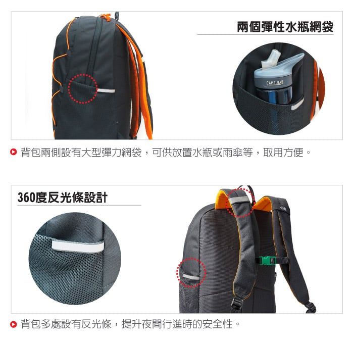 兩個彈性水瓶網袋 背包兩側設有大型彈力網袋,可供放置水瓶或雨傘等,取用方便。360度反光條設計 背包多處設有反光條,提升夜間行進時的安全性。