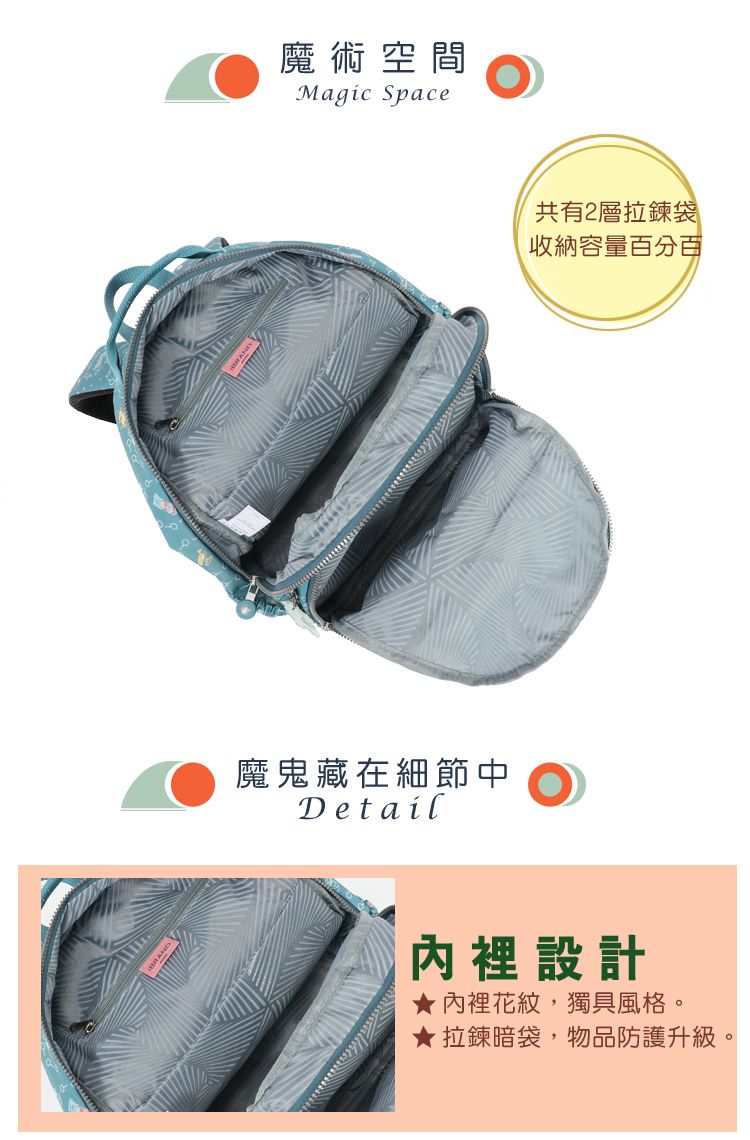 魔術空間Magic Space魔鬼藏在細節中Detail共有2層拉鍊袋收納容量百分百內裡設計★內裡花紋,獨具風格。★拉鍊暗袋,物品防護升級。