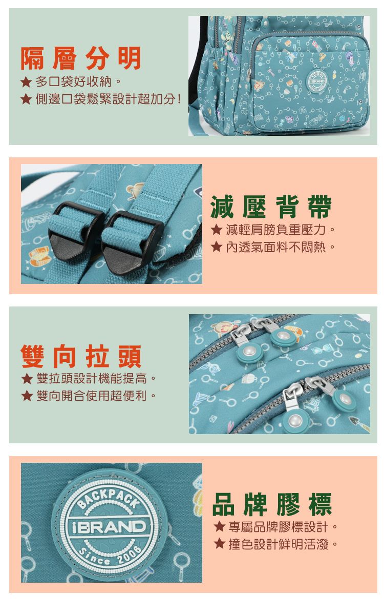 隔層分明口袋好收納。側邊口袋鬆緊設計超加分!雙向拉頭★雙拉頭設計機能提高。★雙向開合使用超便利。減壓背帶★減輕肩膀負重壓力,★透氣面料不悶熱BACKPACKSince2006品牌膠標★專屬品牌膠標設計。★撞色設計鮮明活潑。