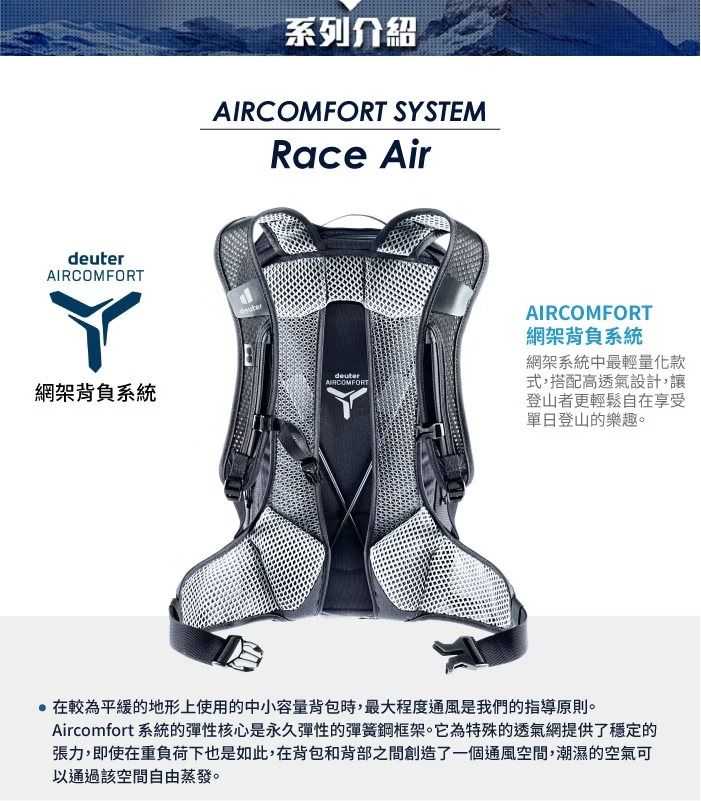 網架背負系統系列介紹AIRCOMFORT SYSTEMRace AirdeuterdeuterAIRCOMFORTAIRCOMFORT網架背負系統網架系統中最輕量化款式,搭配高透氣設計,讓登山者更輕鬆自享受單日登山的樂趣。在較為平緩的地形上使用的中小容量背包時,最大程度通風是我們的指導原則。Aircomfort 系統的彈性核心是永久彈性的彈簧鋼框架。它為特殊的透氣網提供了穩定的張力,即使在重負荷下也是如此,在背包和背部之間創造了一個通風空間,潮濕的空氣可以通過該空間自由蒸發。