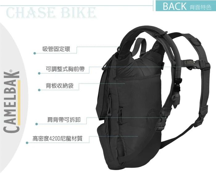 LBAKCHASE BIKEBACK 背面特色吸管固定環可調整式胸前帶背板收納袋肩背帶可拆卸高密度420D尼龍材質CAME