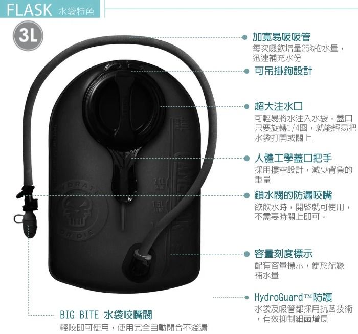 FLASK 水袋特色3L加寬易吸吸管每次啜飲增量25%的水量,迅速補充水份 可吊掛鉤設計 超大注水可輕易將水注入水袋,蓋口只要旋轉1/4圈,就能輕易把水袋打開或關上人體工學蓋口把手採用空設計,減少背負的重量鎖水的防漏咬嘴DIE欲飲水時,開啟就可使用,不需要時關上即可。BIG BITE 水袋咬嘴閥輕咬即可使用,使用完全自動閉合不溢漏容量刻度標示配有容量標示,便於紀錄補水量HydroGuard™ 防護水袋及吸管都採用抗菌技術,有效抑制細菌增長