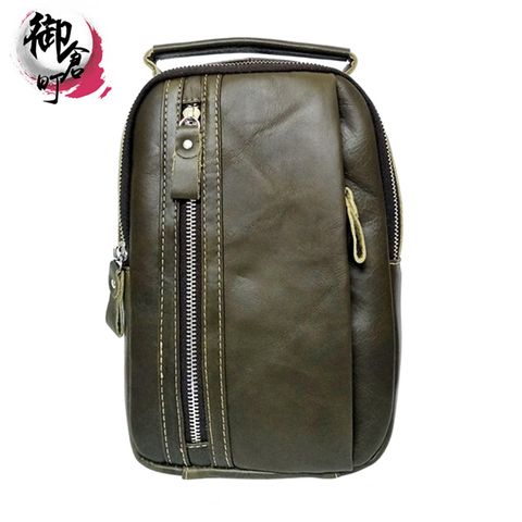 【御倉町】全牛皮休閒斜胸包/斜背包 PM2B015(墨綠色)
