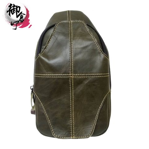 【御倉町】全牛皮休閒斜胸包/斜背包 PM2B017(墨綠色)