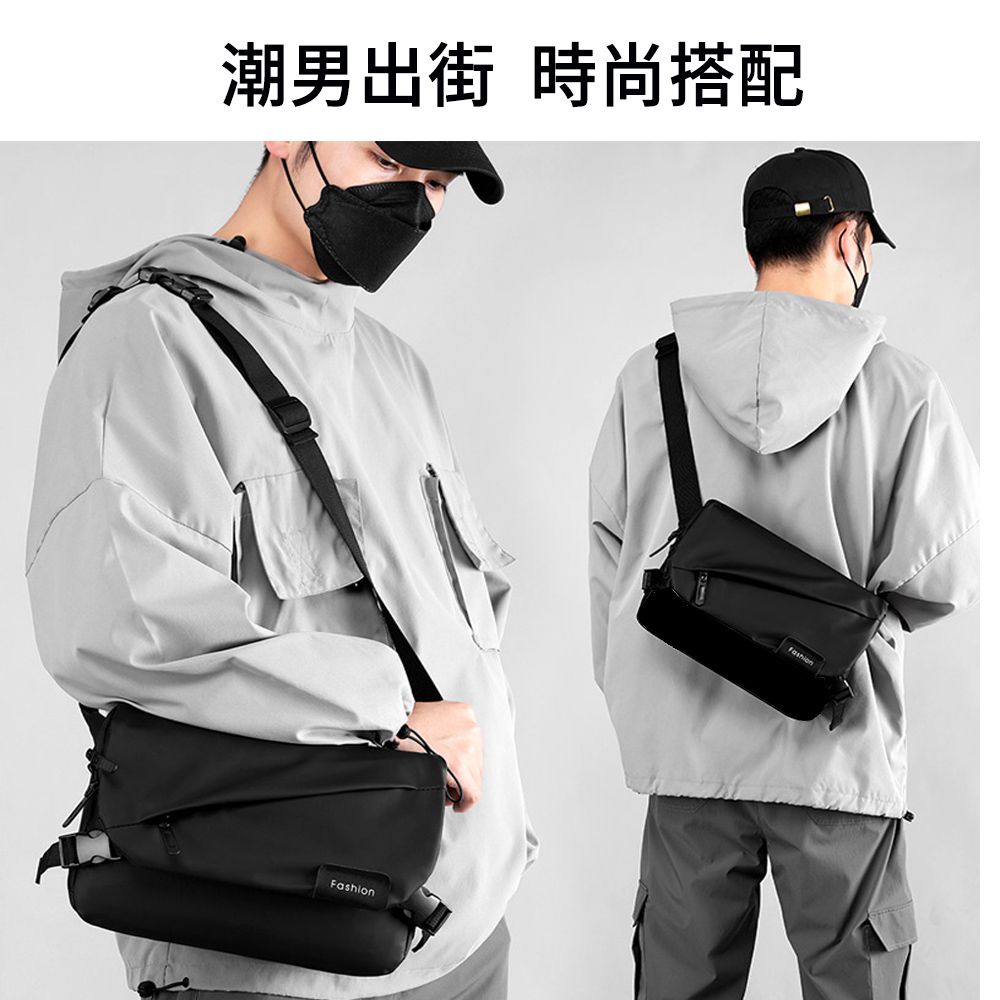 Eiby  簡約潮流斜挎背包 休閒郵差包 大容量單肩包 單車包 側背包 黑色