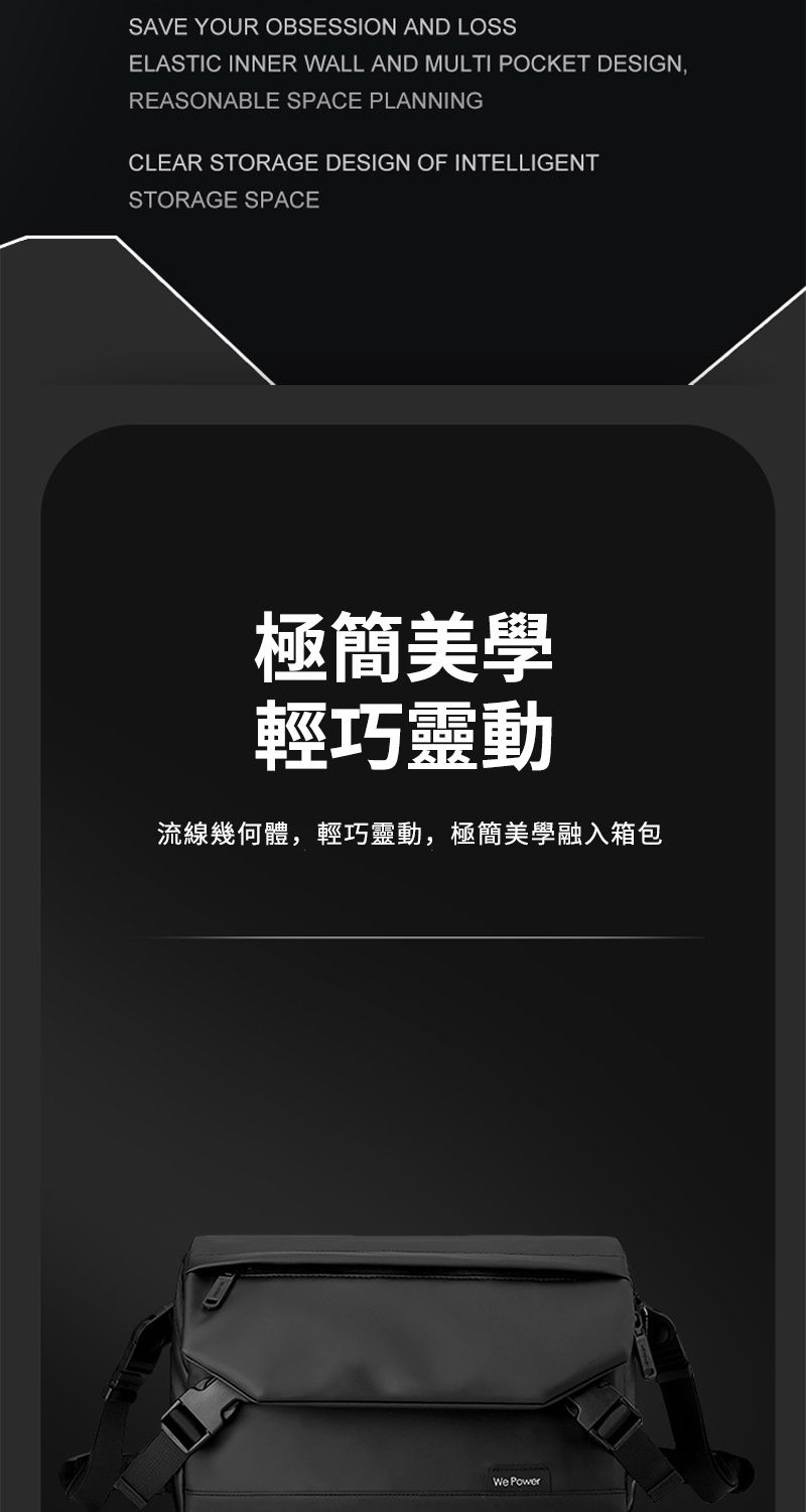 SAVE YOUR OBSESSION AND LOSSELASTIC INNER WALL AND MULTI POCKET DESIGN,REASONABLE SPACE PLANNINGCLEAR STORAGE DESIGN OF INTELLIGENTSTORAGE SPACE極簡美學輕巧靈動流線幾何體,輕巧靈動,極簡美學融入箱包 Power
