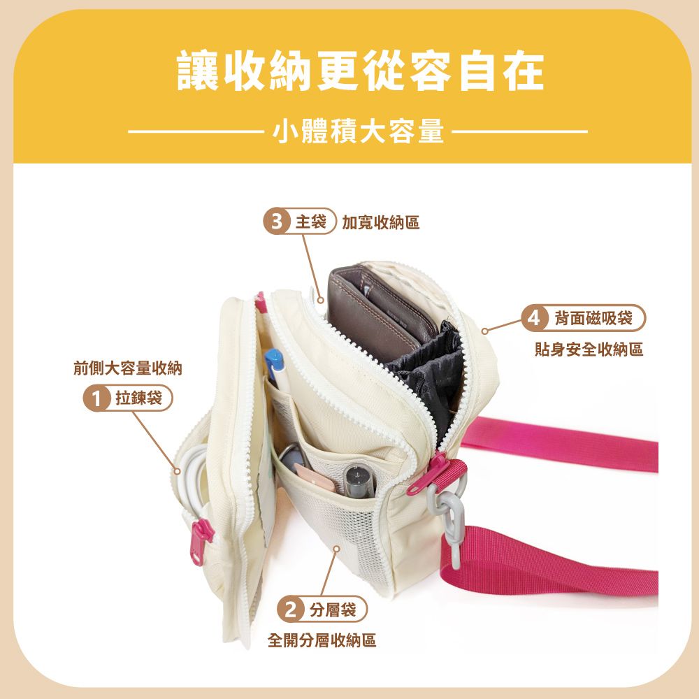 前側大容量收納 袋讓收納更從容自在小體積大容量主袋加寬收納區 分層袋全開分層收納區 背面磁吸袋貼身安全收納區