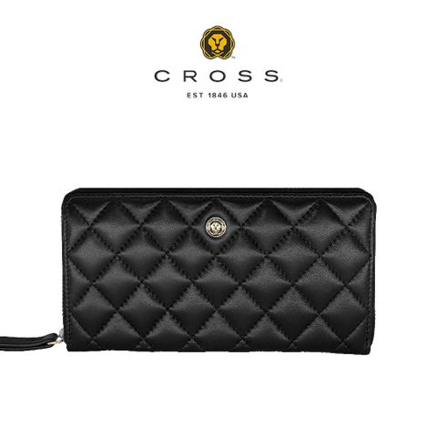 CROSS 頂級NAPPA小牛皮菱格紋拉鍊長夾(黑色 99%新 專櫃展示品)