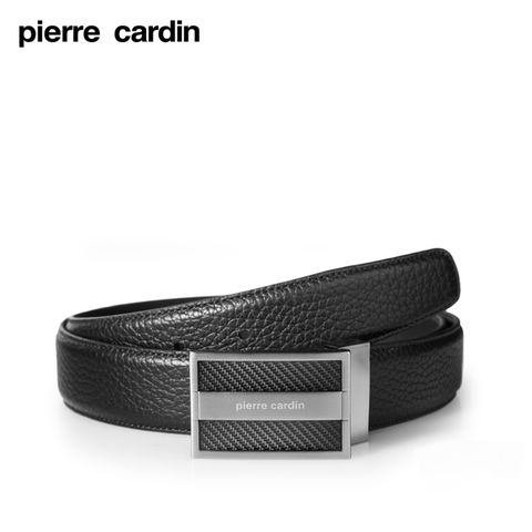 Pierre Cardin-斜織紋面扣式真皮皮帶