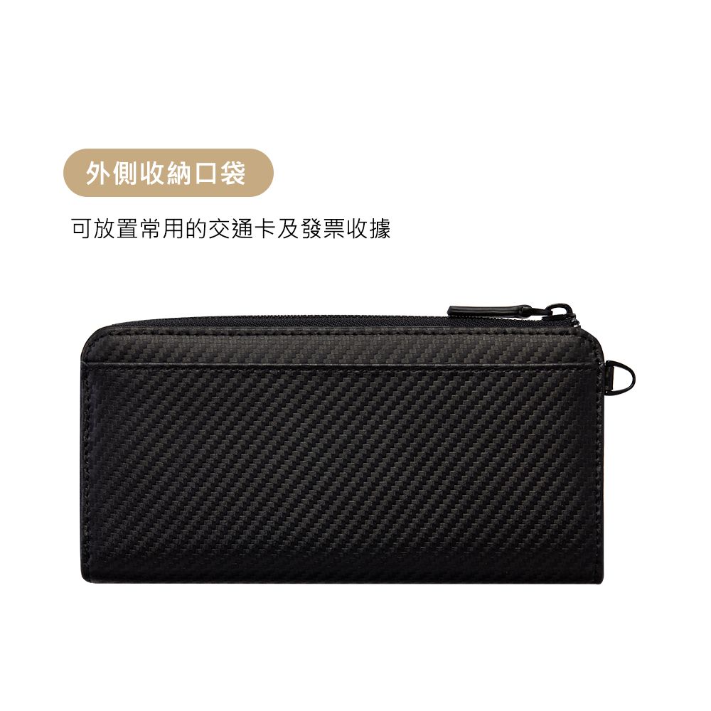 外側收納口袋可放置常用的交通卡及發票收據