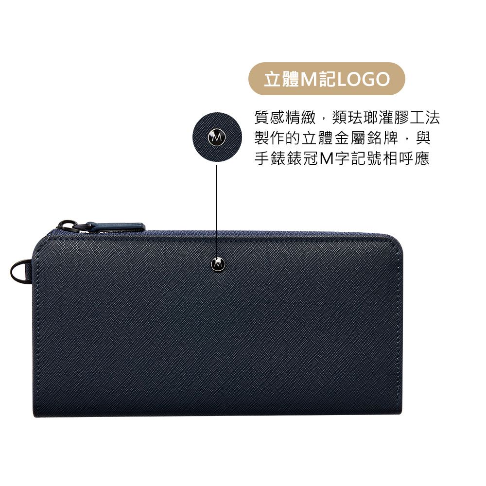 立體M記LOGO質感精緻類珐瑯灌膠工法製作的立體金屬銘牌,與手錶錶冠M字記號相呼應