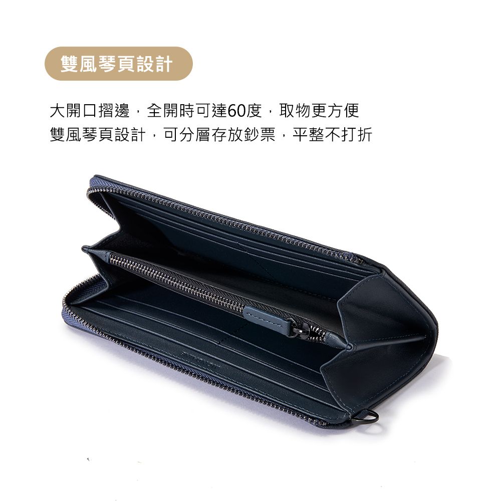 雙風琴頁設計大開口摺邊,全開時可達60度,取物更方便雙風琴頁設計,可分層存放鈔票,平整不打折