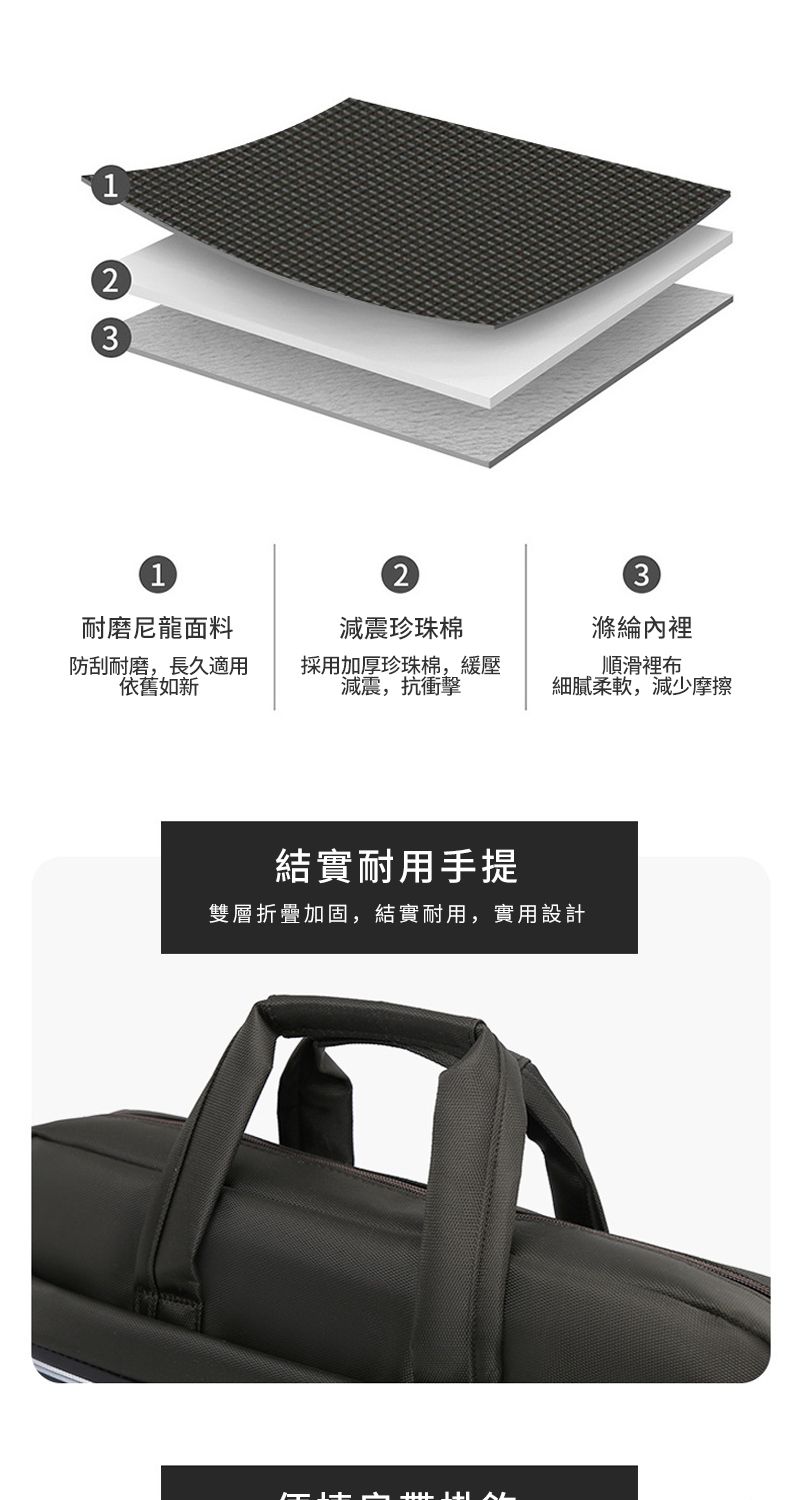 1312耐磨尼龍面料減震珍珠棉3滌綸防刮耐磨,長久適用依舊如新採用加厚珍珠棉,緩壓減震,抗衝擊順滑裡布細膩柔軟,減少摩擦結實耐用手提雙層折疊加固,結實耐用,實用設計 2