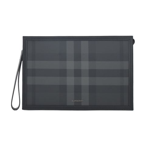 BURBERRY 經典格紋拼皮革拉鍊手拿包(炭灰色)