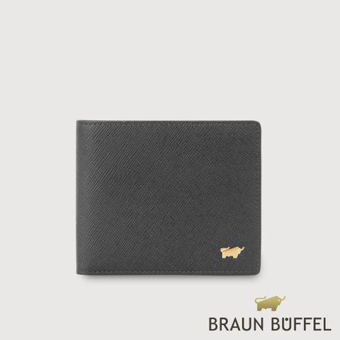 【BRAUN BUFFEL 德國小金牛】台灣總代理 尚恩A 4卡零錢袋皮夾-黑色(金色LOGO款)/BF354-315A-BK