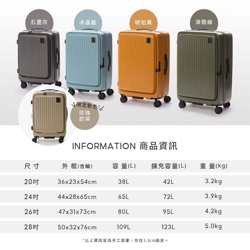 石墨灰冰晶藍琥珀深綠↘限定新色!珍珠奶茶INFORMATION 商品資訊尺寸外框(含輪)容量(L)擴充容量(L)重量(kg)2036x23x54cm38L42L3.2kg2444x28x65cm65L72L3.9kg2647x31x73cm80L95L4.2kg28吋50x32x76cm109L123L5.0kg* 以上資訊皆為手工測量,存在1-3cm誤差。