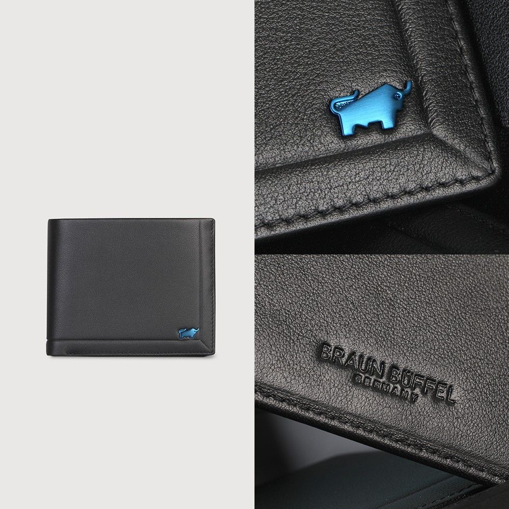 BRAUN BUFFEL 德國小金牛 台灣總代理 戴普 8卡中間翻零錢袋短夾-黑色/BF521-318-BK