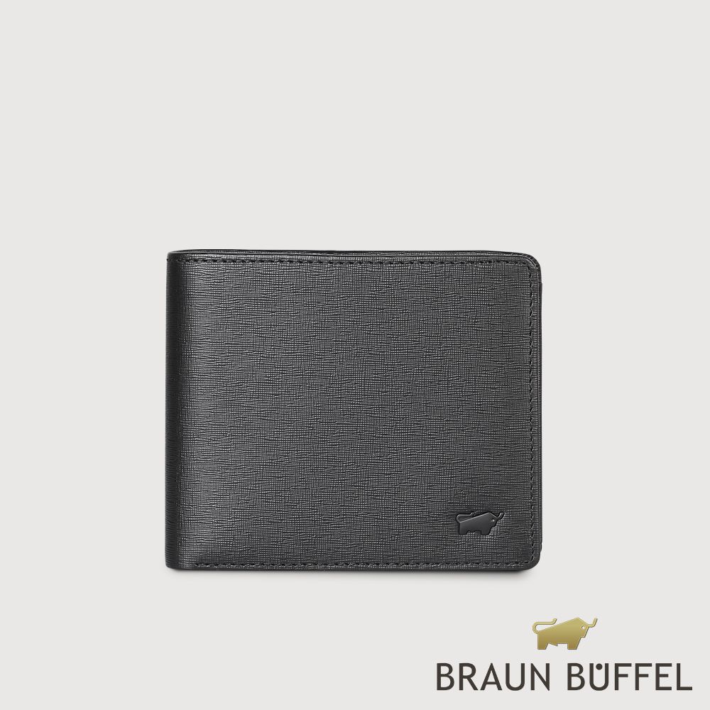 BRAUN BUFFEL 德國小金牛 台灣總代理 羅格-A 8卡中間翻零錢袋短夾-黑色/BF538-318-BK