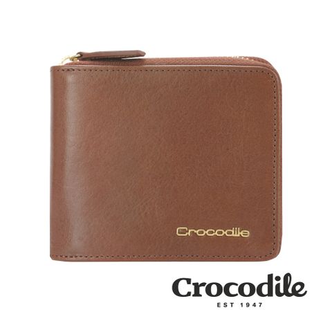 Crocodile 鱷魚牌 短夾 皮夾 錢包 皮夾推薦 拉鍊 壓釦零錢 9卡 Naturale 4系列-0103-10601-深咖/淺咖-鱷魚皮件