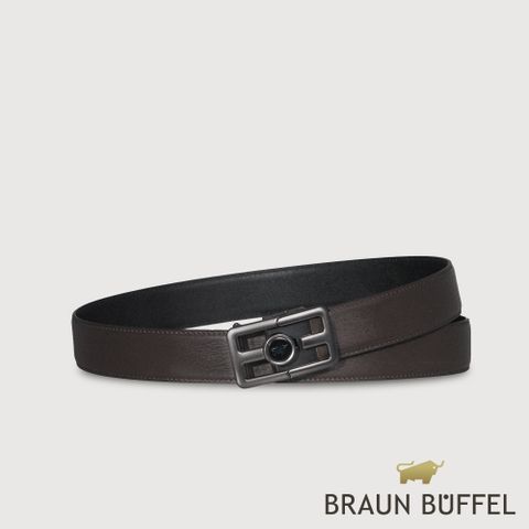 【BRAUN BUFFEL 德國小金牛】台灣總代理 時尚紳士 前推式磨砂格柵自動扣皮帶-鎗色/BF25S-RO027-SGU