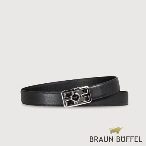 【BRAUN BUFFEL 德國小金牛】台灣總代理 時尚紳士 前推式磨砂格柵自動扣皮帶-銀色/BF25S-RO027-SNK