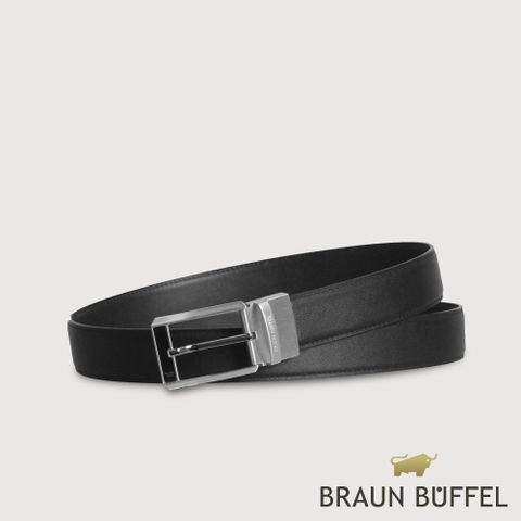 【BRAUN BUFFEL 德國小金牛】台灣總代理 時尚紳士 方頭字母壓印穿針式皮帶-銀色/BF25B-RO028-SNK