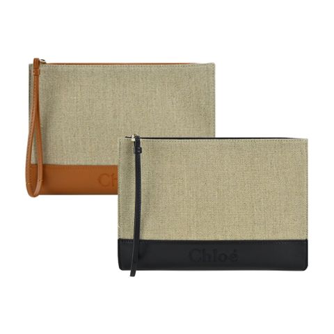 Chloe Sense 經典 LOGO 小牛皮拼接亞麻手拿包(多色選)