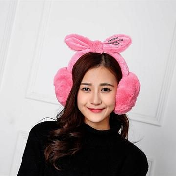 韓風 絨毛兔耳朵耳罩-粉紅色