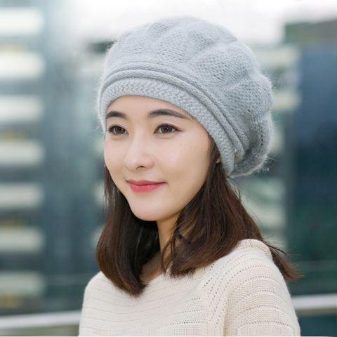 【幸福揚邑】棱紋小顏毛線帽雙層保暖護耳防風兔毛針織貝蕾帽-淺灰