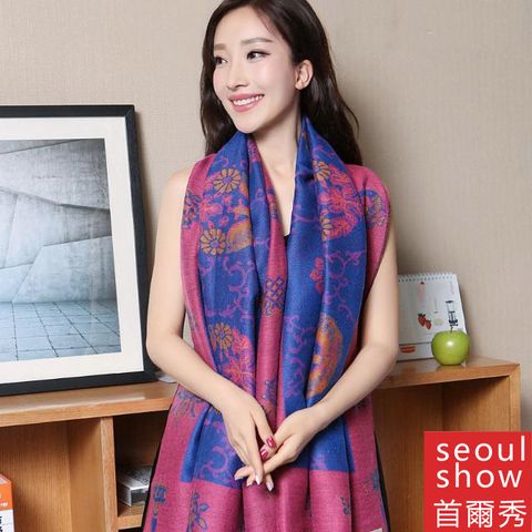 Seoul Show 首爾秀 藏傳花間 仿羊絨雙面提花圍巾披肩 粉紅框藏青底