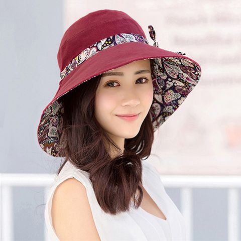 【幸福揚邑】愛心紋大帽檐抗UV防紫外線雙面配戴可摺疊遮陽帽-酒紅