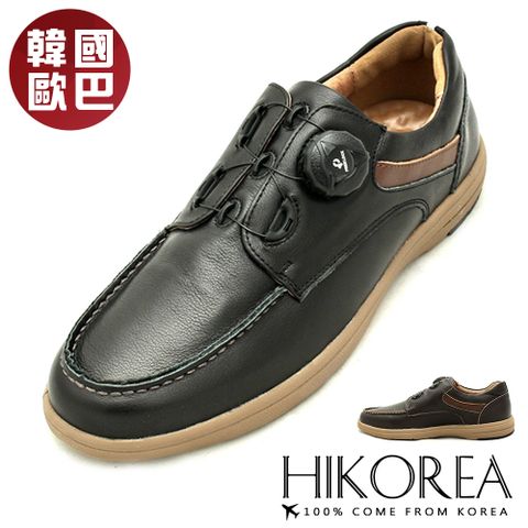 HIKOREA 韓國空運/正韓製皮革免綁帶休閒鞋懶人鞋帆船鞋增高3.5CM(73-504/黑咖二色/現貨+預購)