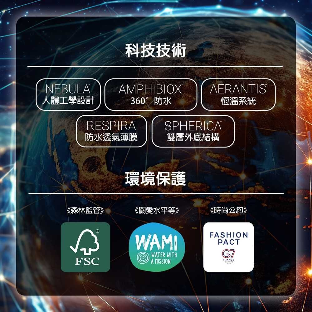 NEBULA人體工學設計科技技術AERANTIS恆溫系統AMPHIBIOX360°防水RESPIRASPHERICA防水透氣薄膜雙層外底結構環境保護《森林監管》《關愛水平等》《時尚公約》FSCWAMIWATER WITHA MISSIONFASHIONPACTFRANCE