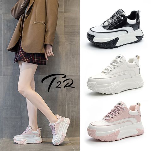 T2R 正韓空運-真皮拼接條紋造型內增高厚底老爹鞋-增高約7.5公分-白/粉/黑(5985-2574/5985-2575/3042)