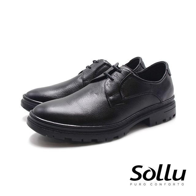 Sollu  巴西專櫃 2孔真皮粗礦工業風綁帶皮鞋-黑