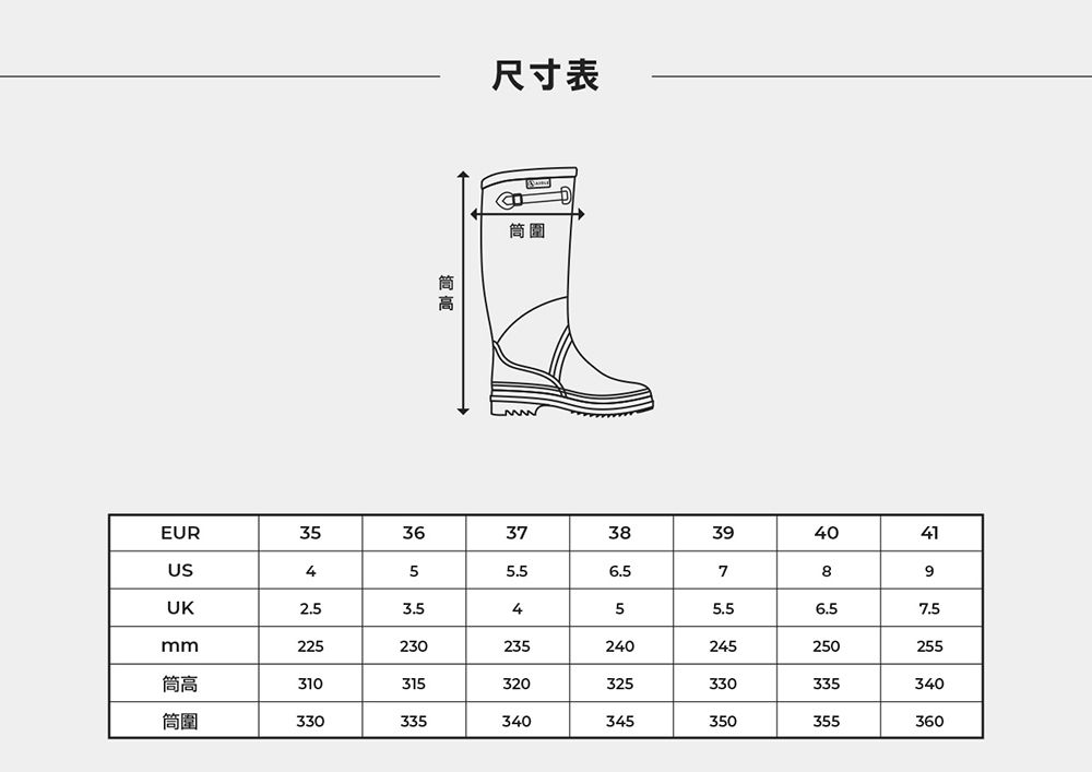 尺寸表筒圍EUR35363738394041US45789UK457.5mm225230235240245250255筒高310315320325330335340筒圍330335340345350355360